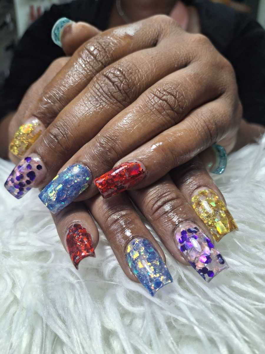 Coffin nails in mixed jewel-tone chunky glitter