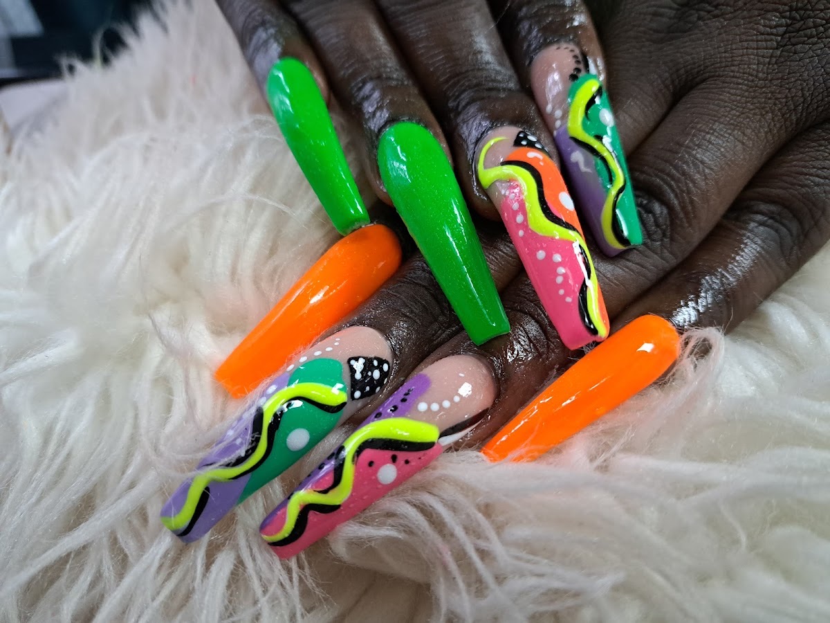 Long neon coffin nails with multicolor abstract hand-painted art